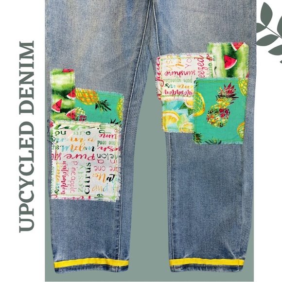 Upcycled High Rise Straight Leg Jeans Patchwork Ribbon Tropical Blue Size 26 - Picture 4 of 9